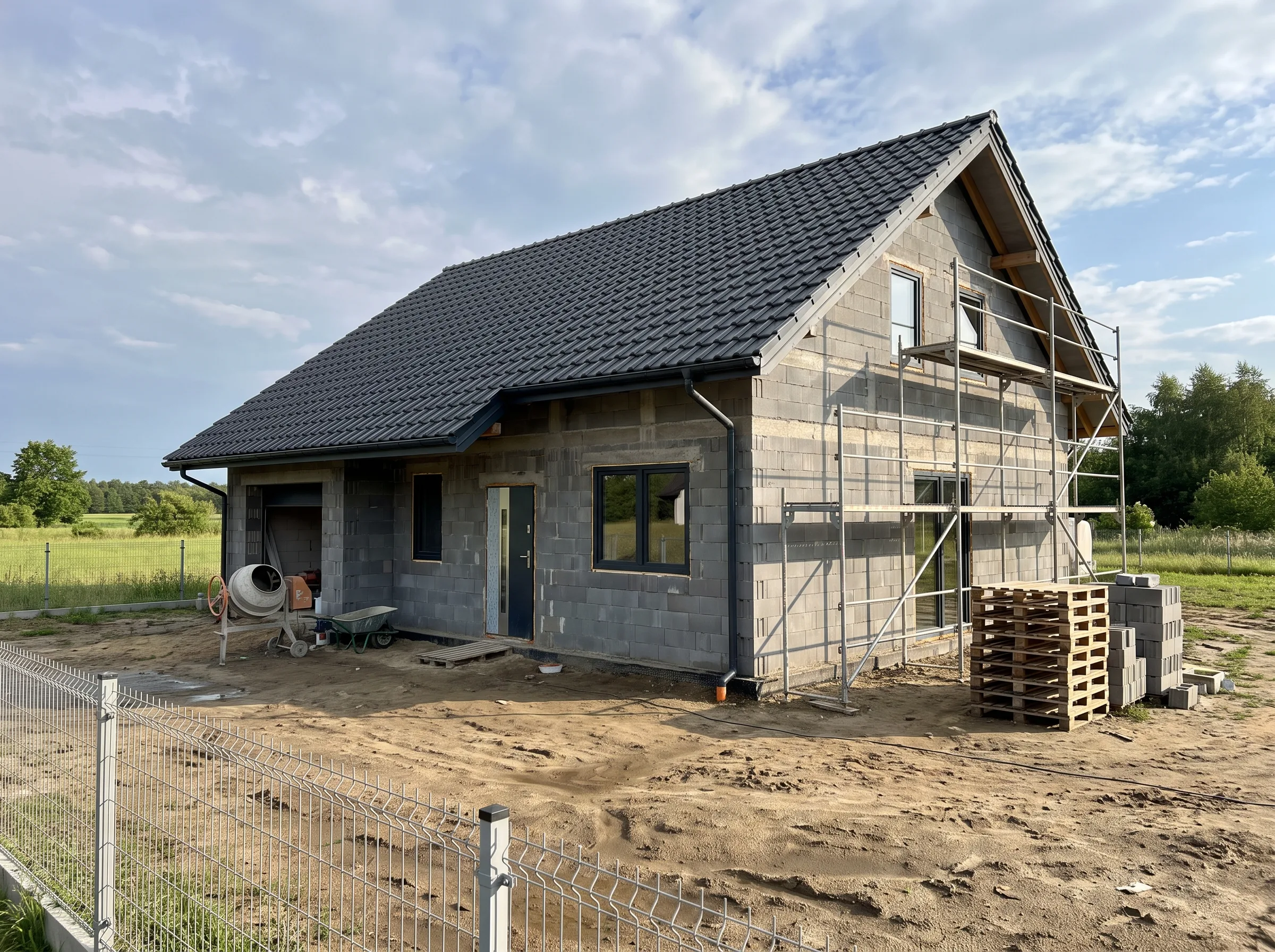 Budynek w stanie surowym zamkniętym z elewacją z bloczków betonowych i dachem skośnym