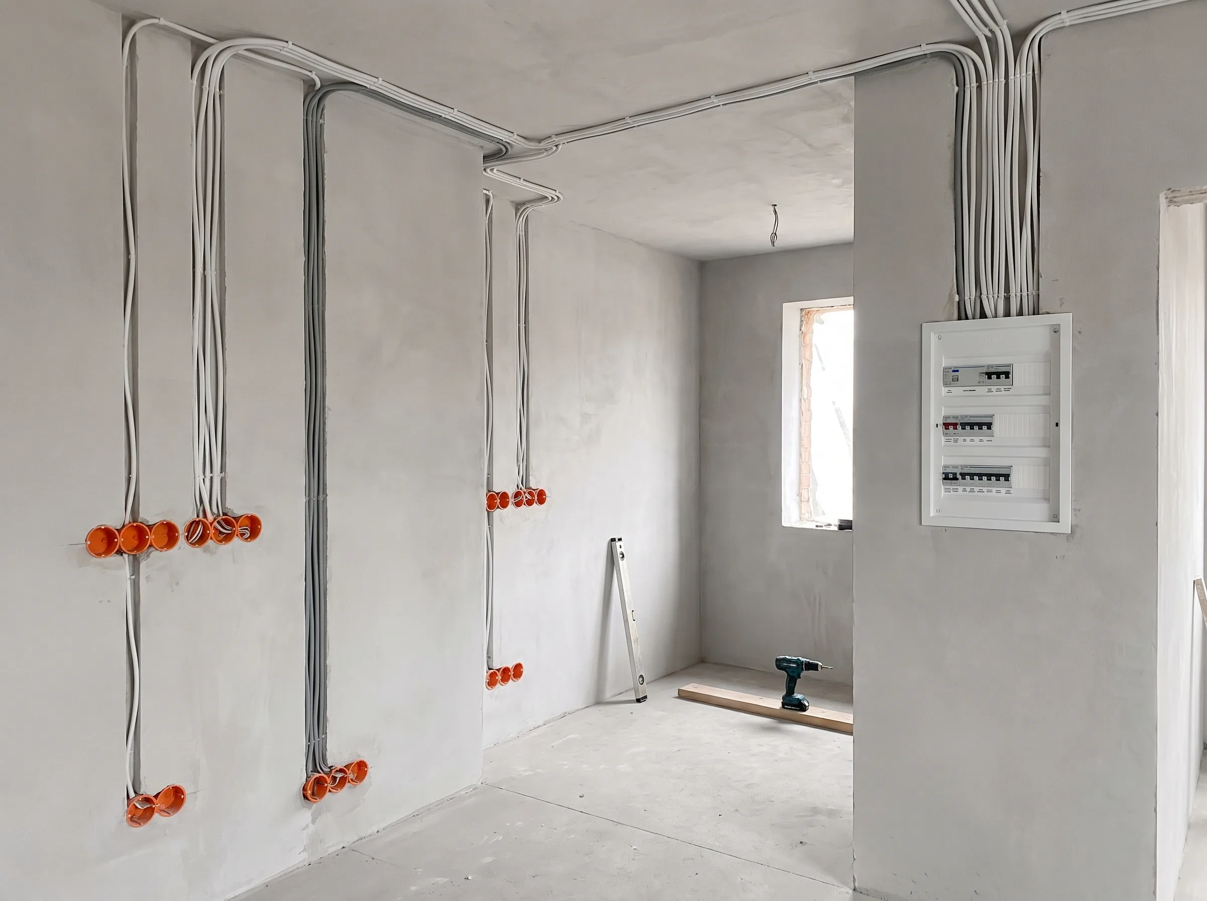 Instalacje elektryczne w nowym budynku, widać rozprowadzenie kabli oraz skrzynkę rozdzielczą