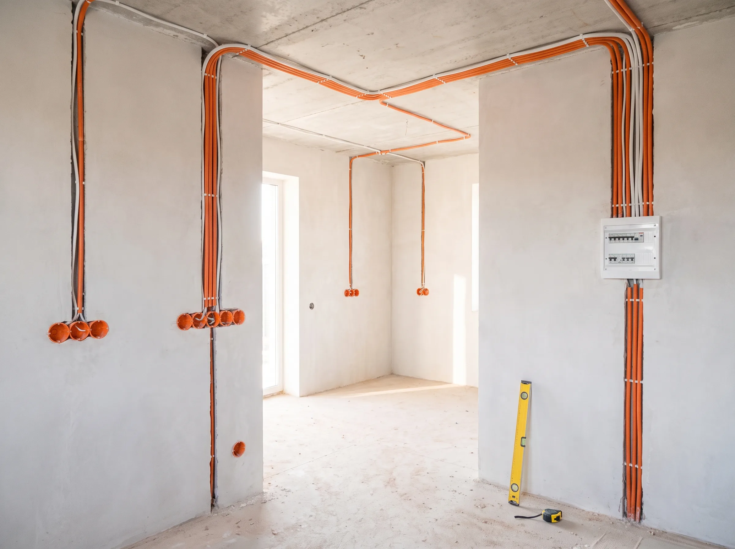 Instalacje elektryczne w pomieszczeniu budynku, ściany z tynkiem, widoczne przewody i skrzynka rozdzielcza
