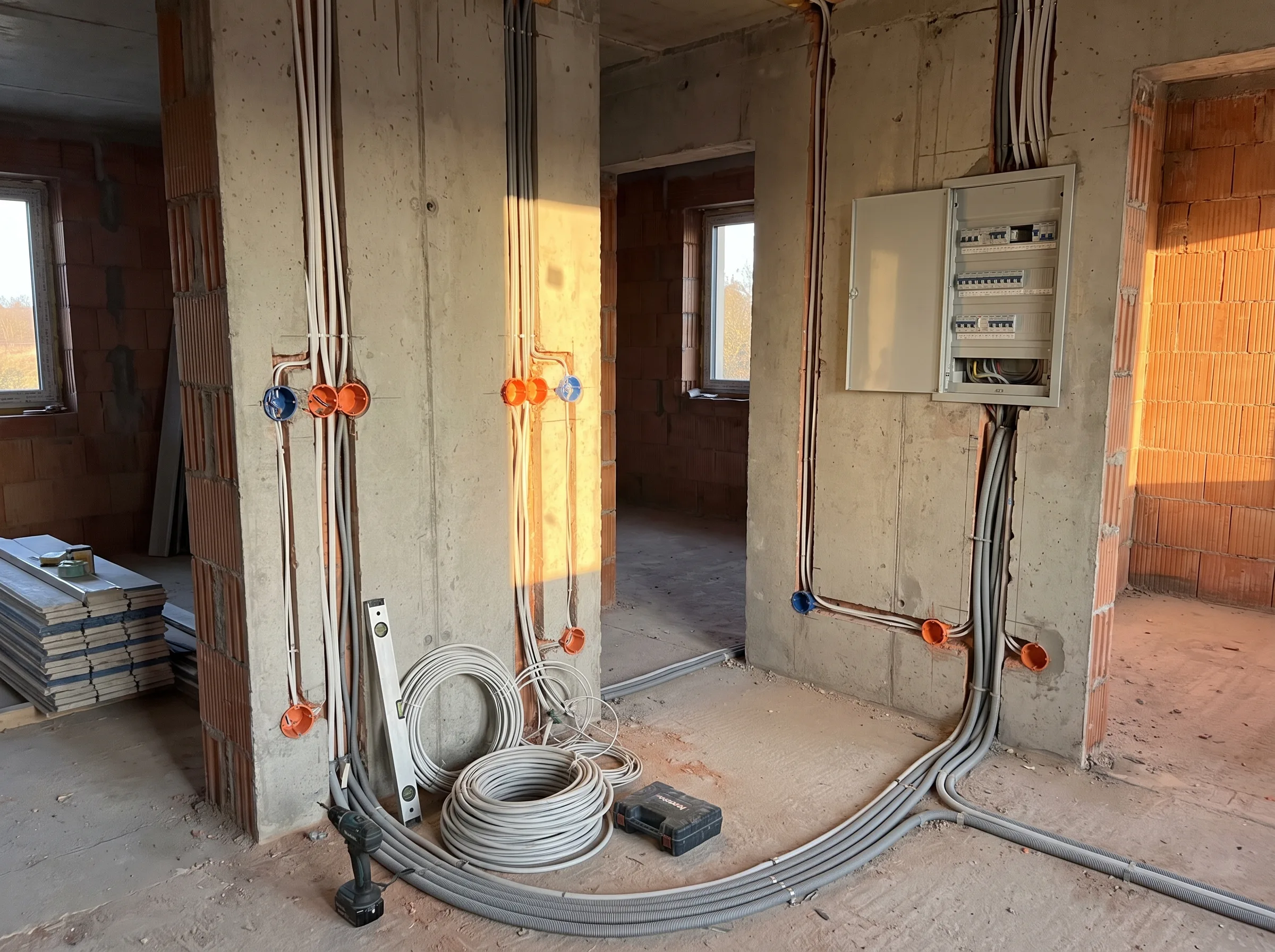 Instalacja elektryczna w nowym budynku, widoczny panel rozdzielczy oraz przewody