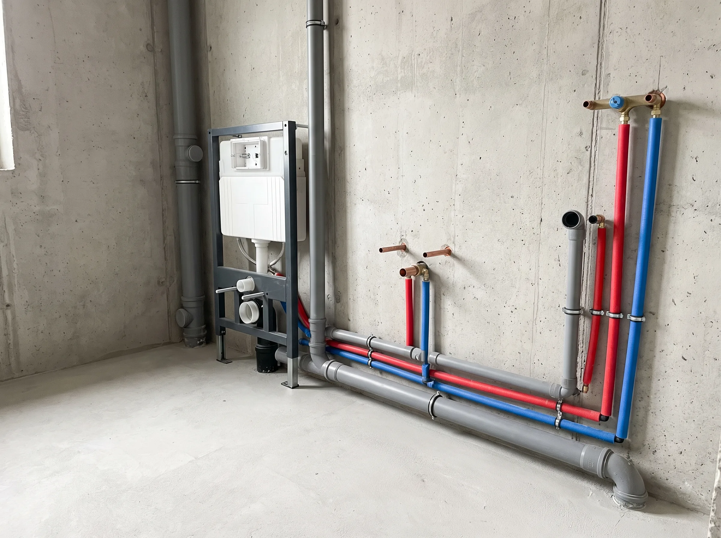 Instalacje sanitarne w nowym budynku, widoczne rury i przyłącza