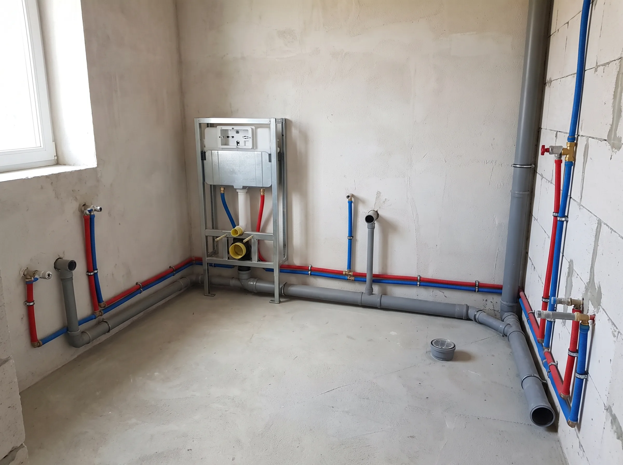 Instalacje sanitarne wykonane w pomieszczeniu budowlanym, z widocznymi rurami i armaturą