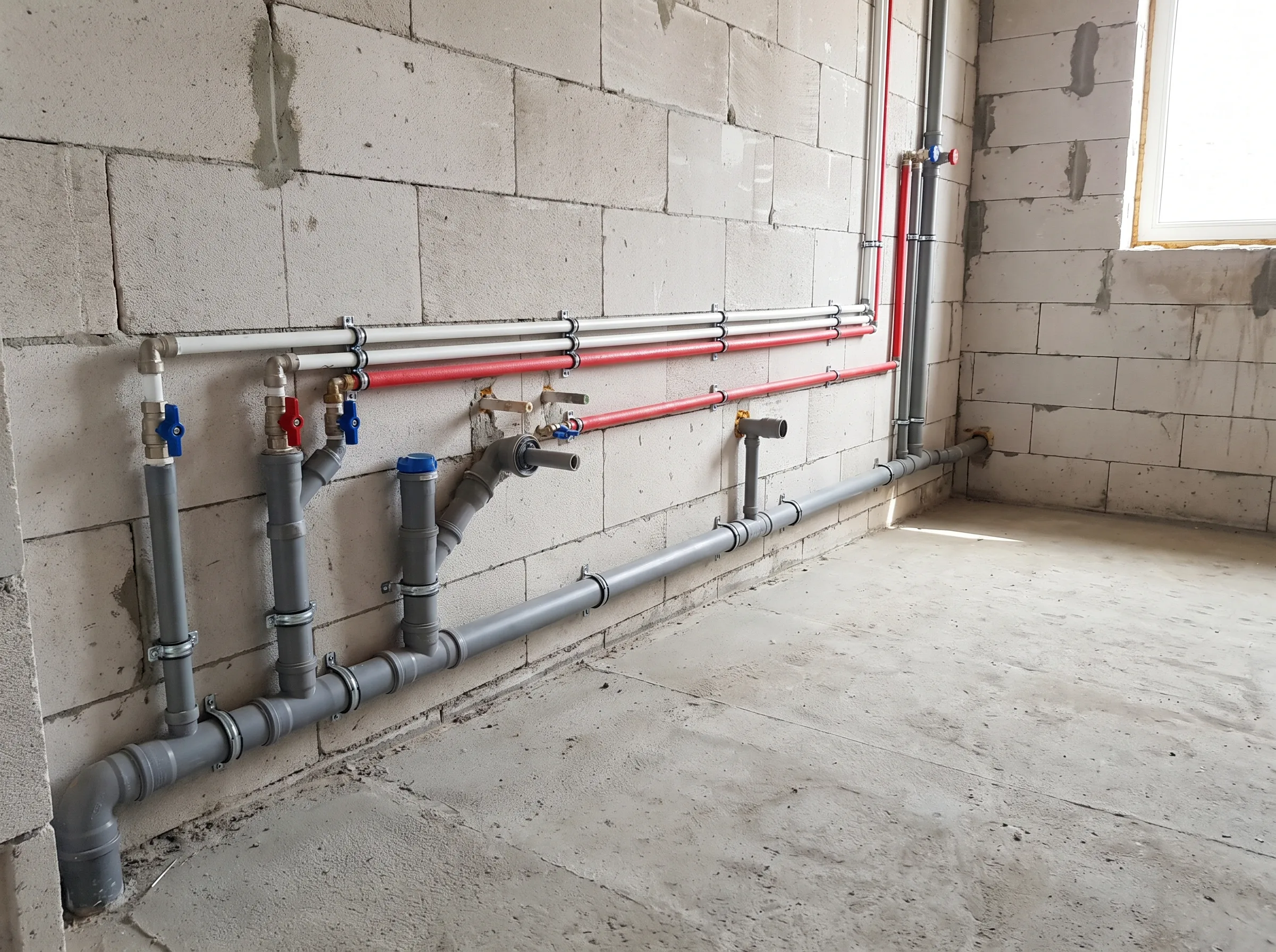 Instalacje sanitarne w budynku, widoczne rury i przyłącza na ścianie