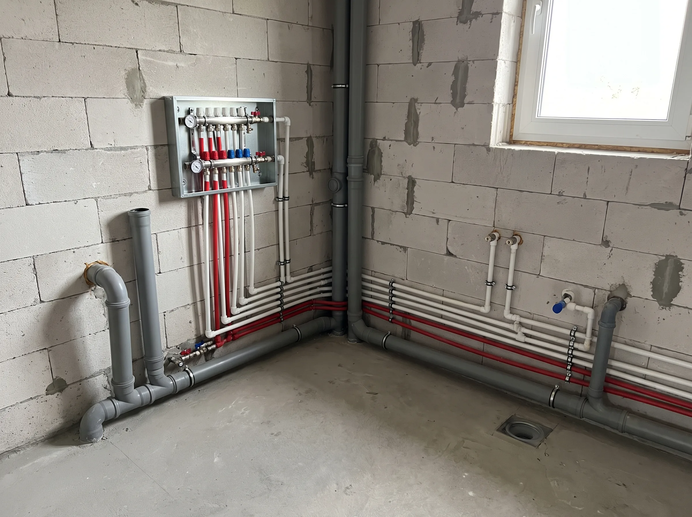 Instalacje sanitarne w budynku, widoczna rozprowadzona sieć rur wodno-kanalizacyjnych