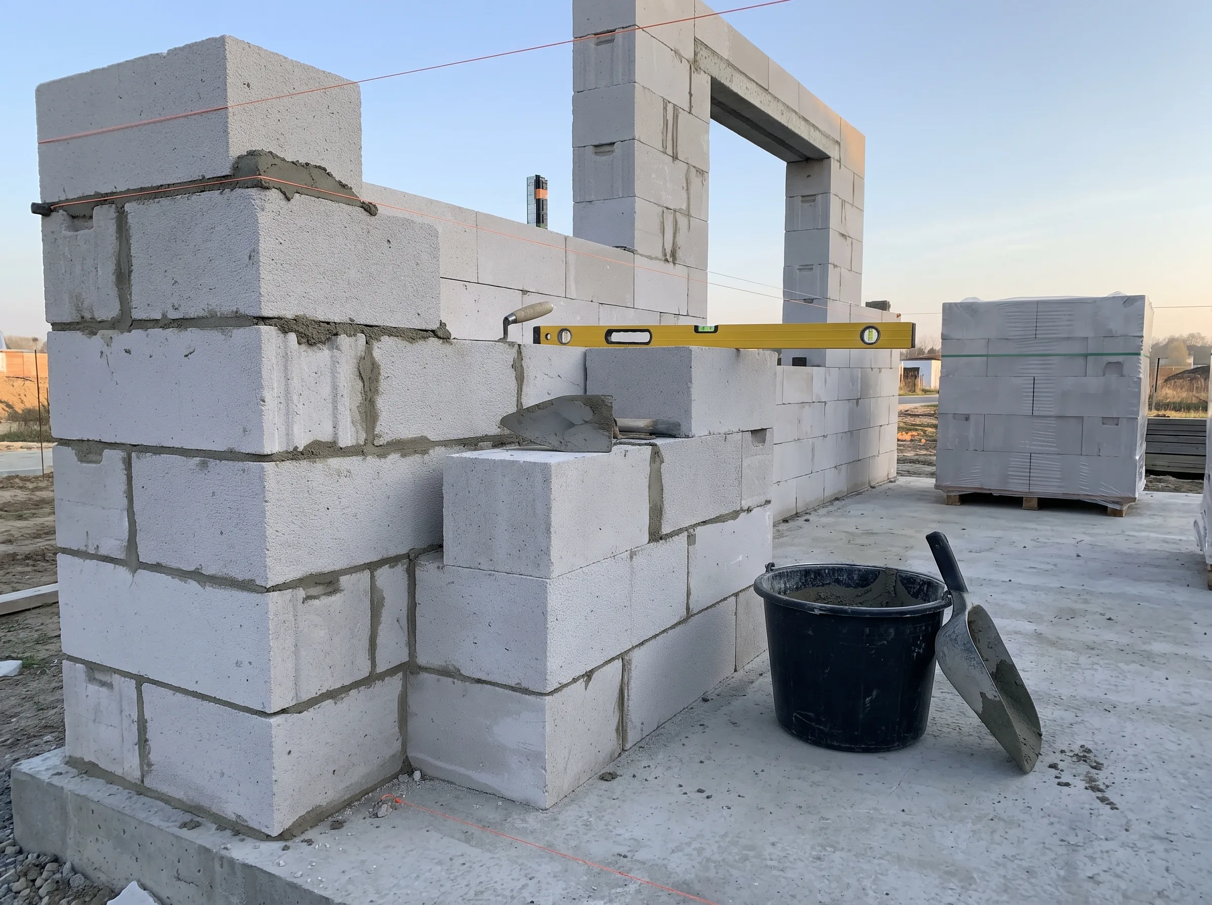 Budowa ścian nośnych z bloczków betonowych na placu budowy, użycie poziomicy