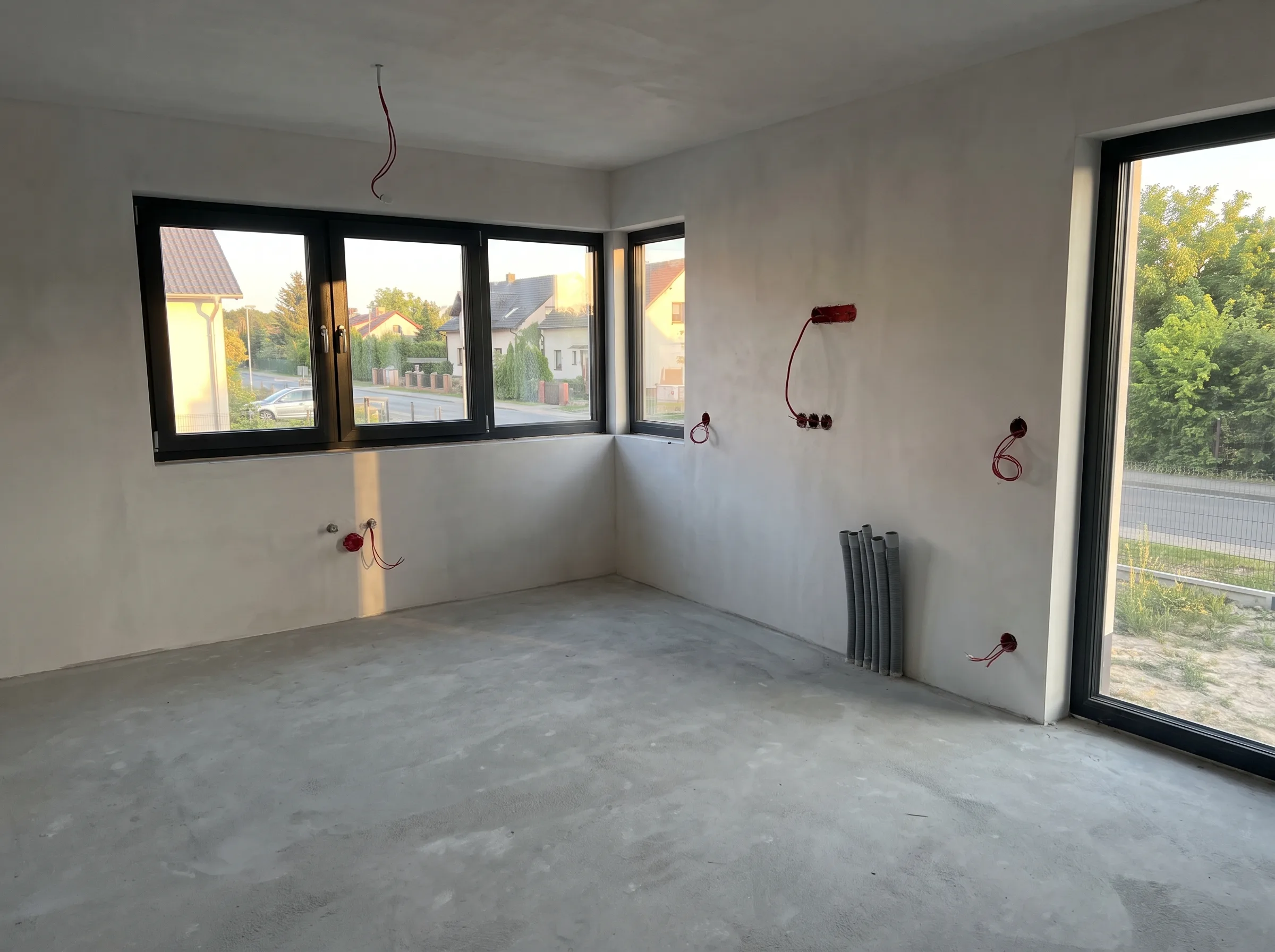 Wnętrze nowego budynku z tynkiem, przygotowane do instalacji elektrycznych i sanitarno-grzewczych